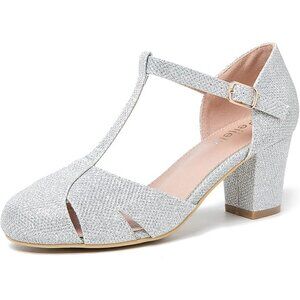 Womens T Strap Mary Jane Shoes Chunky Block Heel Cut Out Ankle Strap Buckle Dres